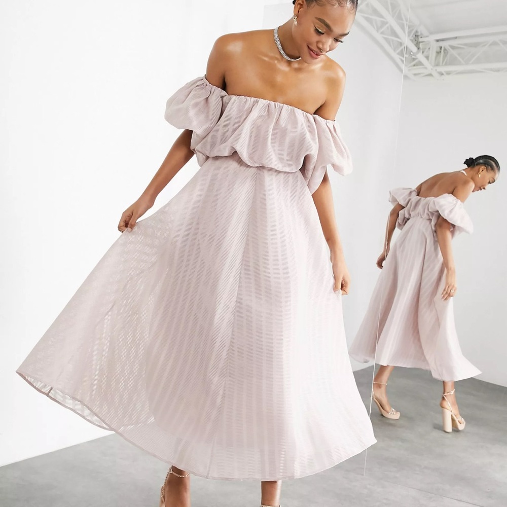 ASOS EDITION puff off shoulder midi dress in blush